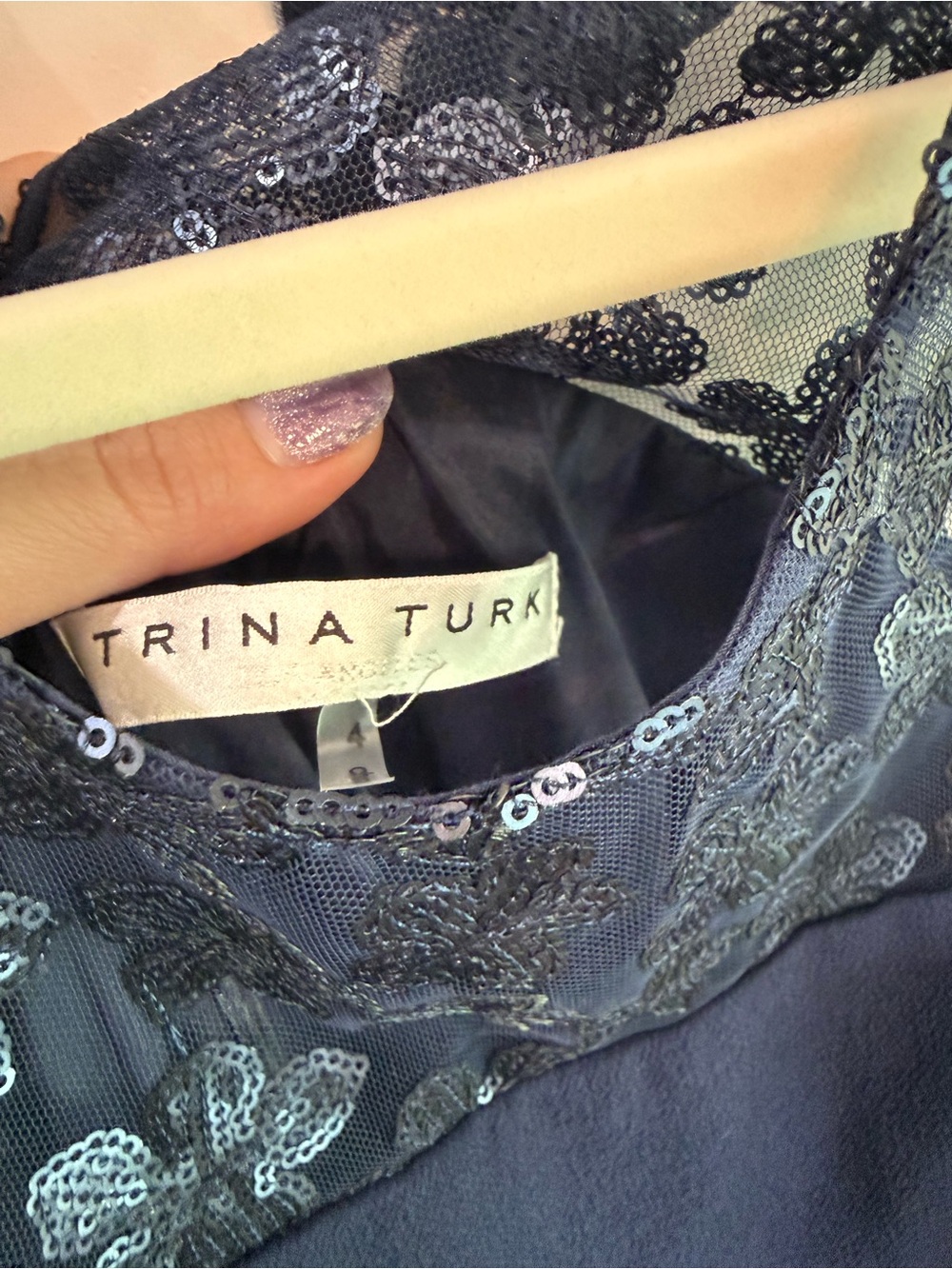 Trina Turk Navy Blue Sequin Floral Mesh Illusion Neck Shift Dress Size 4 - Picture 4 of 6